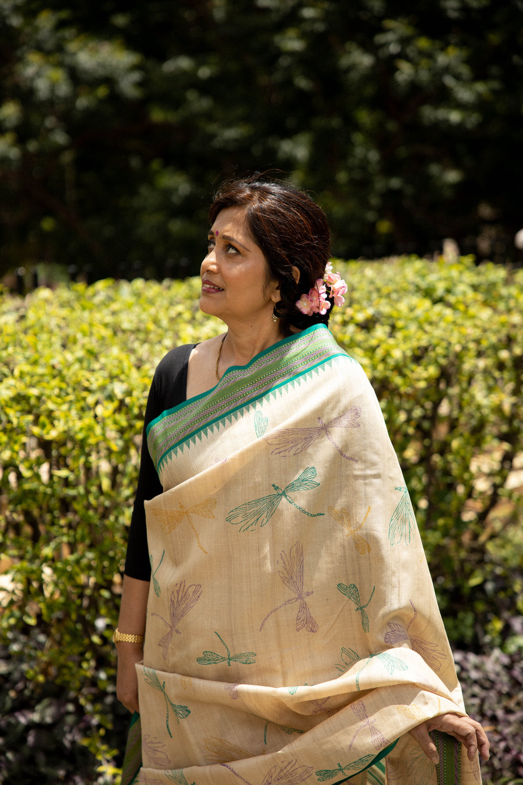 Dragonfly Dance Beige and Green Handblock Printed Handwoven Vidarbha Tussar Silk Saree