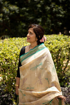 Dragonfly Dance Beige and Green Handblock Printed Handwoven Vidarbha Tussar Silk Saree