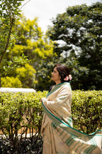 Dragonfly Dance Beige and Green Handblock Printed Handwoven Vidarbha Tussar Silk Saree