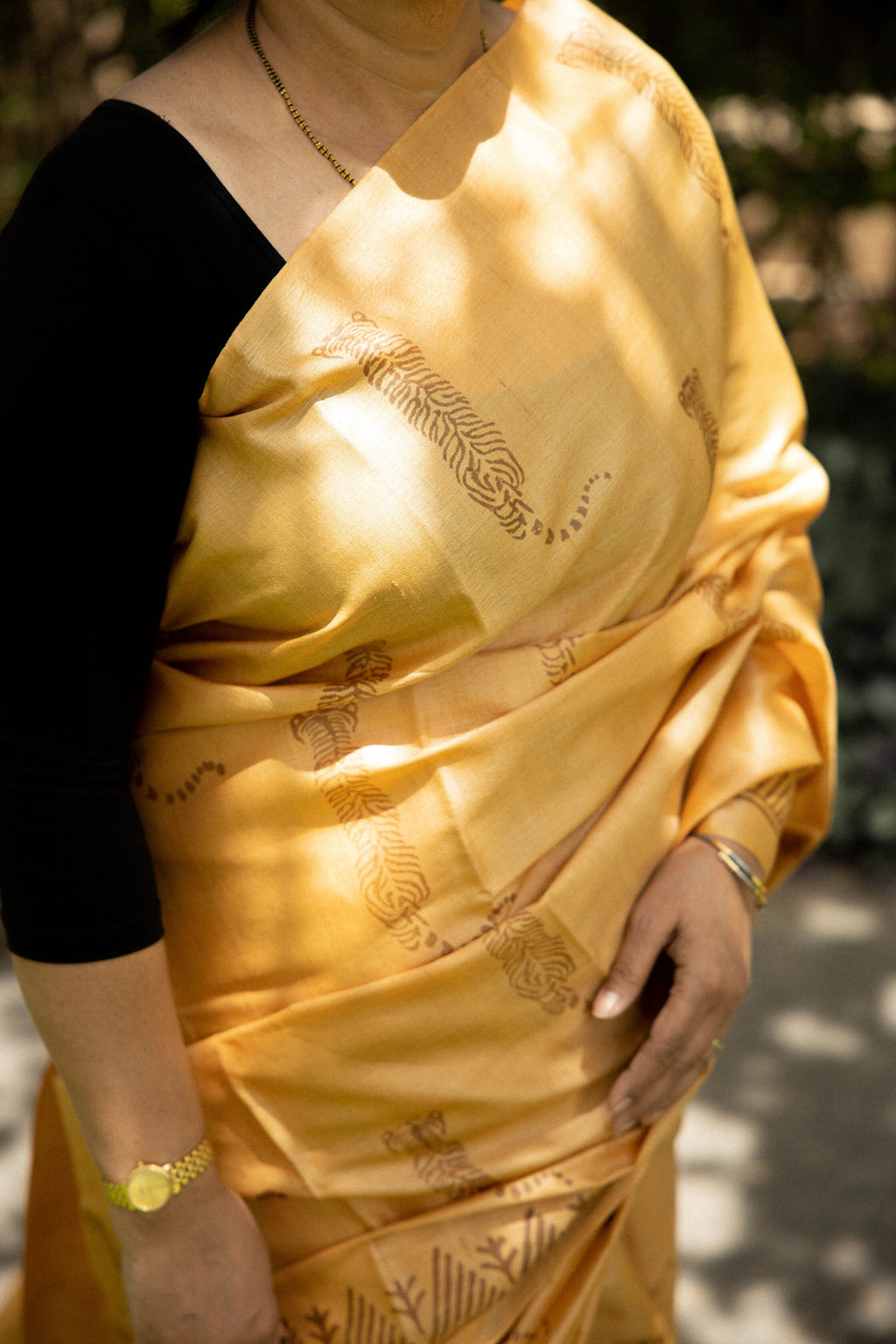 Tiger Tiger Burning Bright Handblock Printed Handwoven Tussar Silk Saree