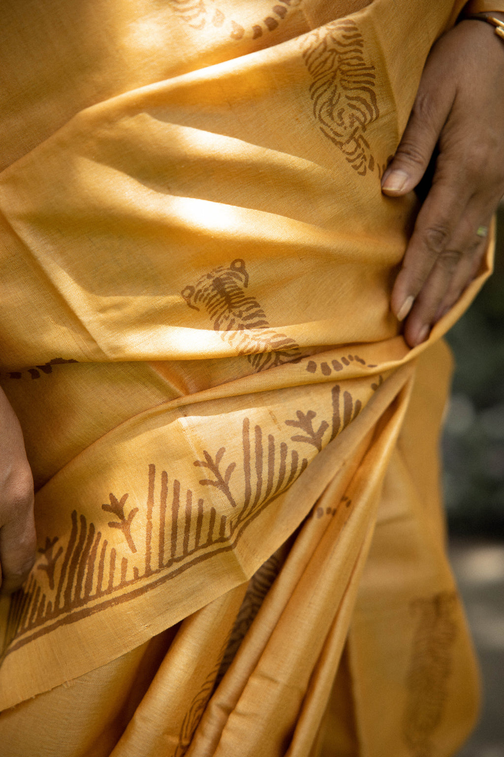 Tiger Tiger Burning Bright Handblock Printed Handwoven Tussar Silk Saree