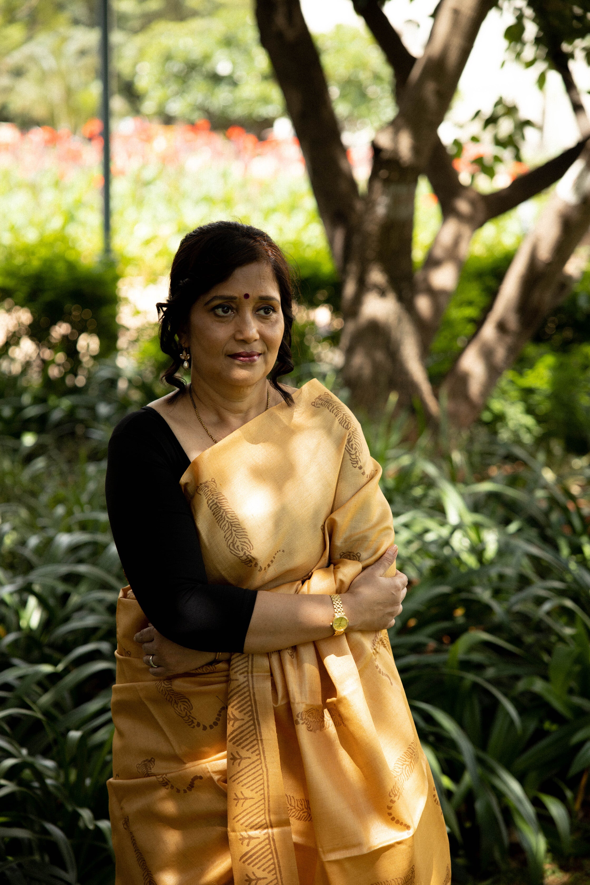 Tiger Tiger Burning Bright Handblock Printed Handwoven Tussar Silk Saree