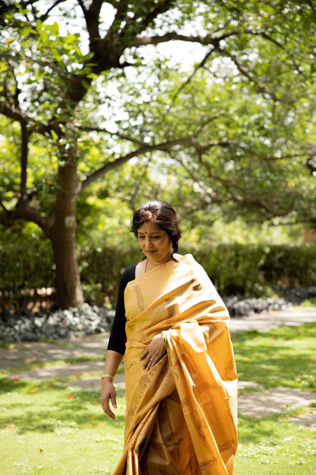 Tiger Tiger Burning Bright Handblock Printed Handwoven Tussar Silk Saree