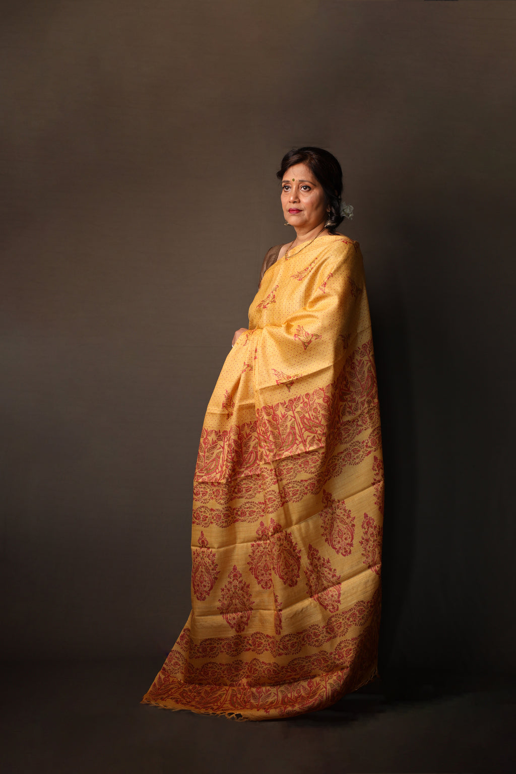 Pakhi Pakhi Ochre and Red Handblock Printed Handwoven Tussar Silk Saree