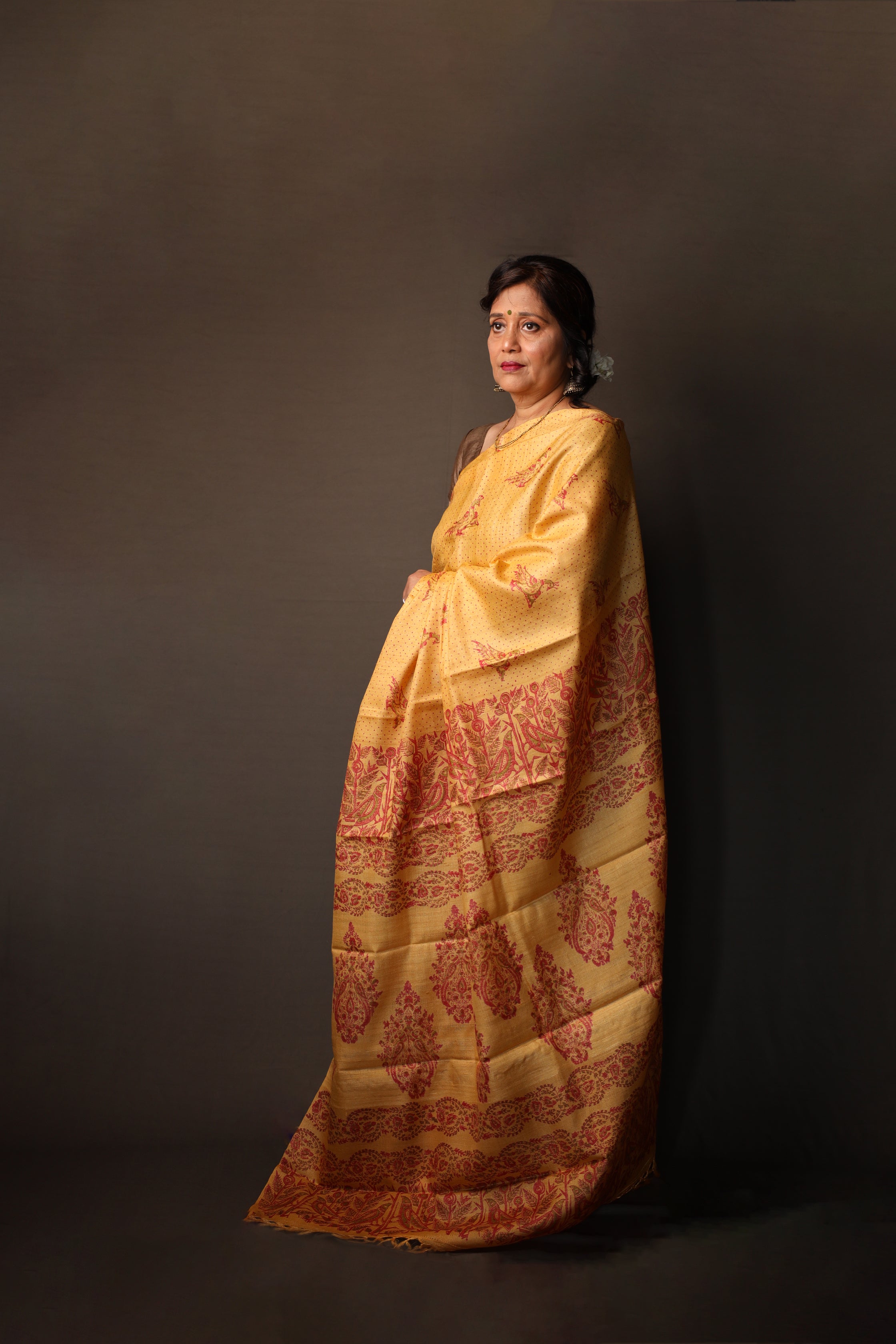 Pakhi Pakhi Ochre and Red Handblock Printed Handwoven Tussar Silk Saree