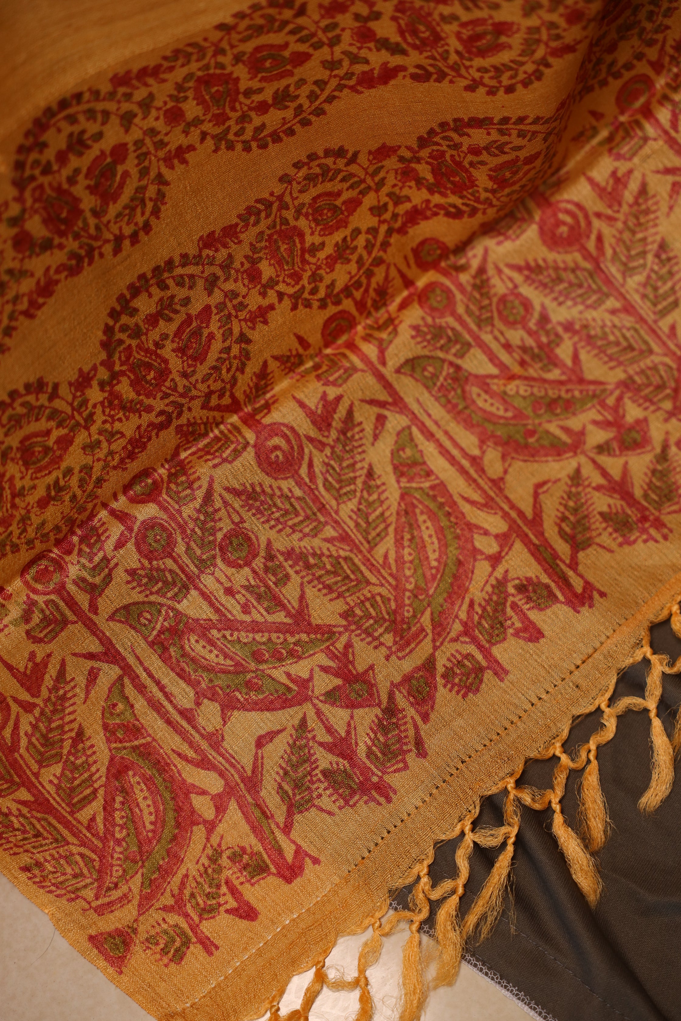 Pakhi Pakhi Ochre and Red Handblock Printed Handwoven Tussar Silk Saree