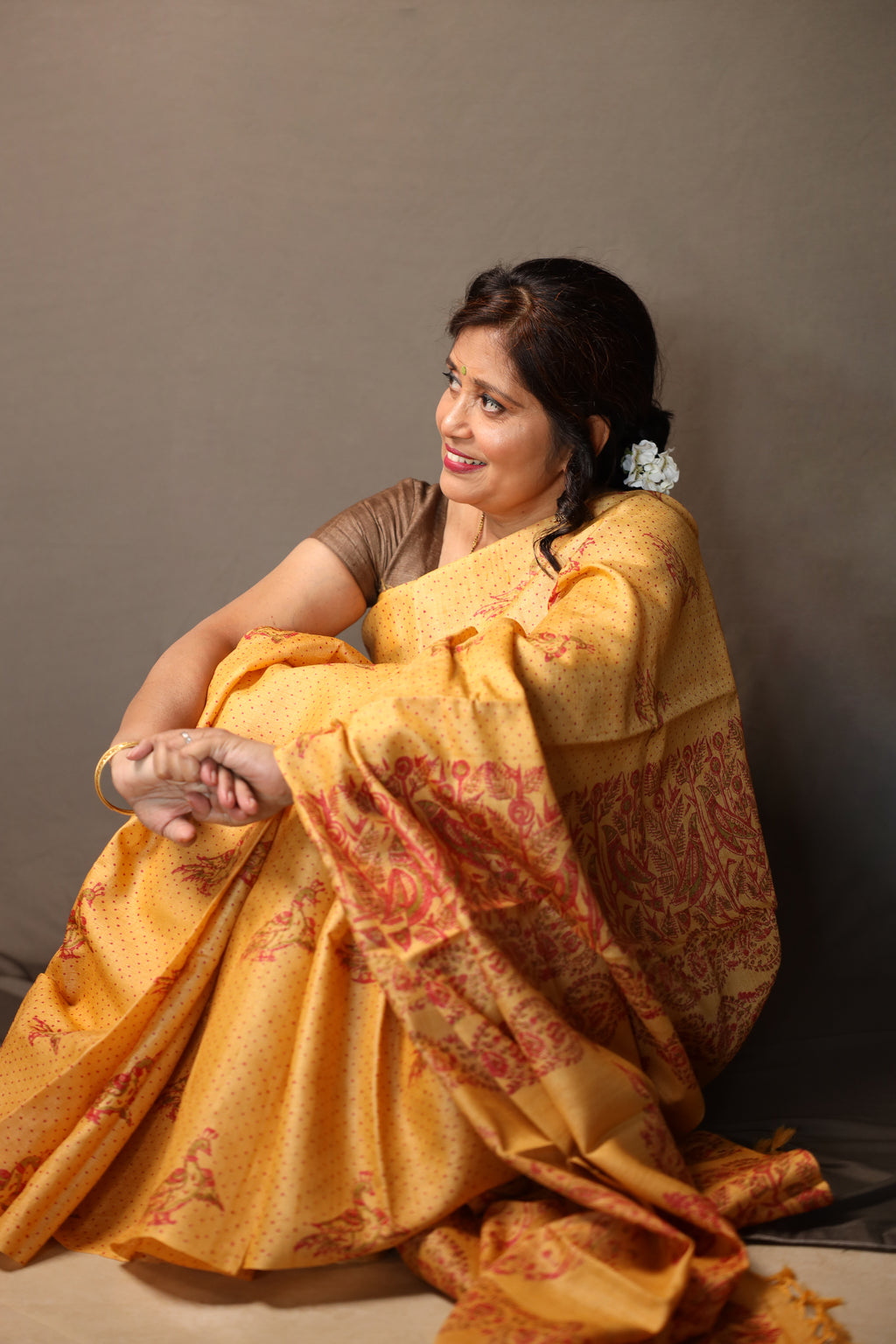 Pakhi Pakhi Ochre and Red Handblock Printed Handwoven Tussar Silk Saree