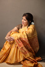 Pakhi Pakhi Ochre and Red Handblock Printed Handwoven Tussar Silk Saree