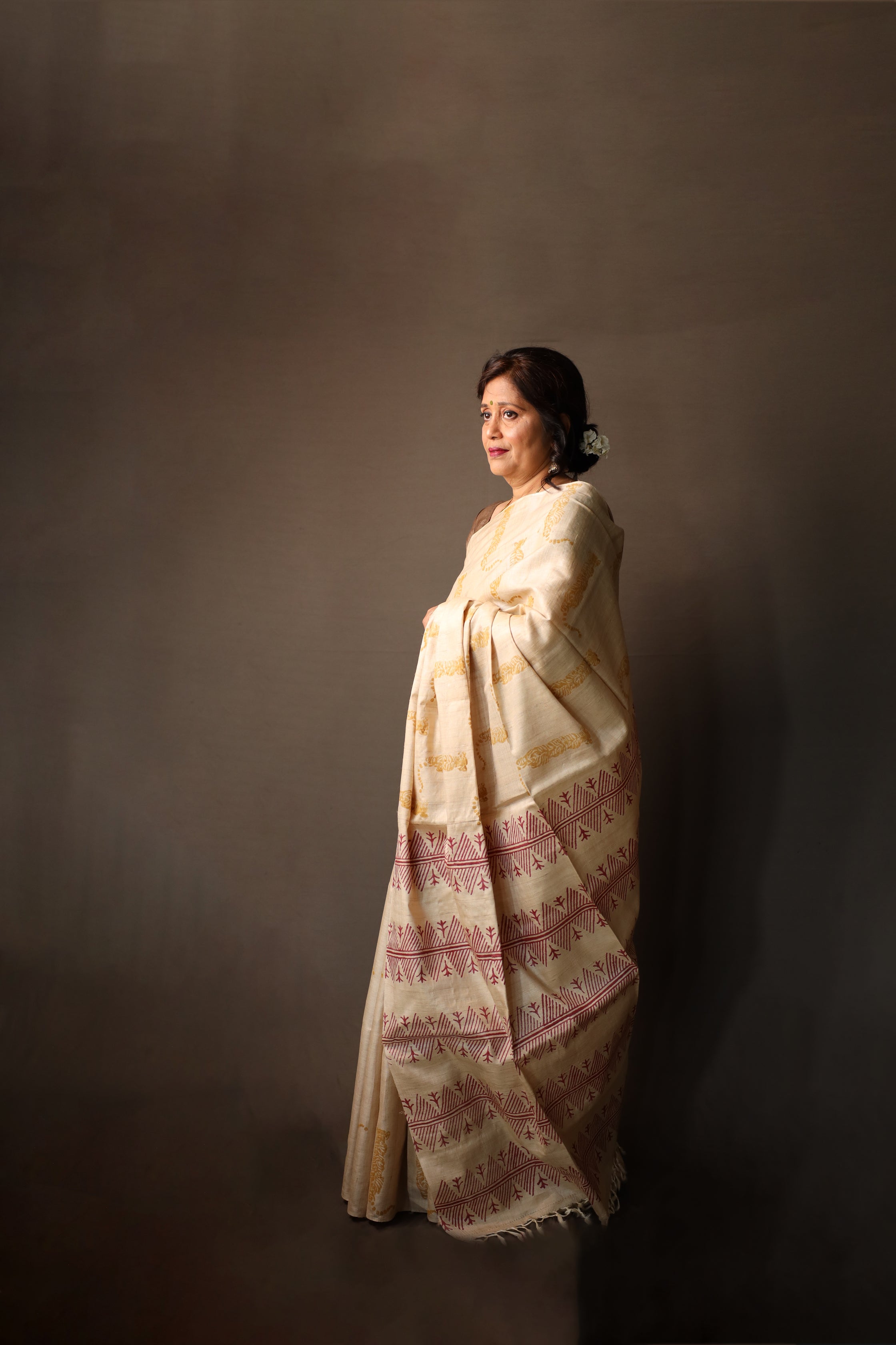 Tiger At The Door Handblock Printed Handwoven Tussar Silk Saree