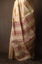 Tiger At The Door Handblock Printed Handwoven Tussar Silk Saree