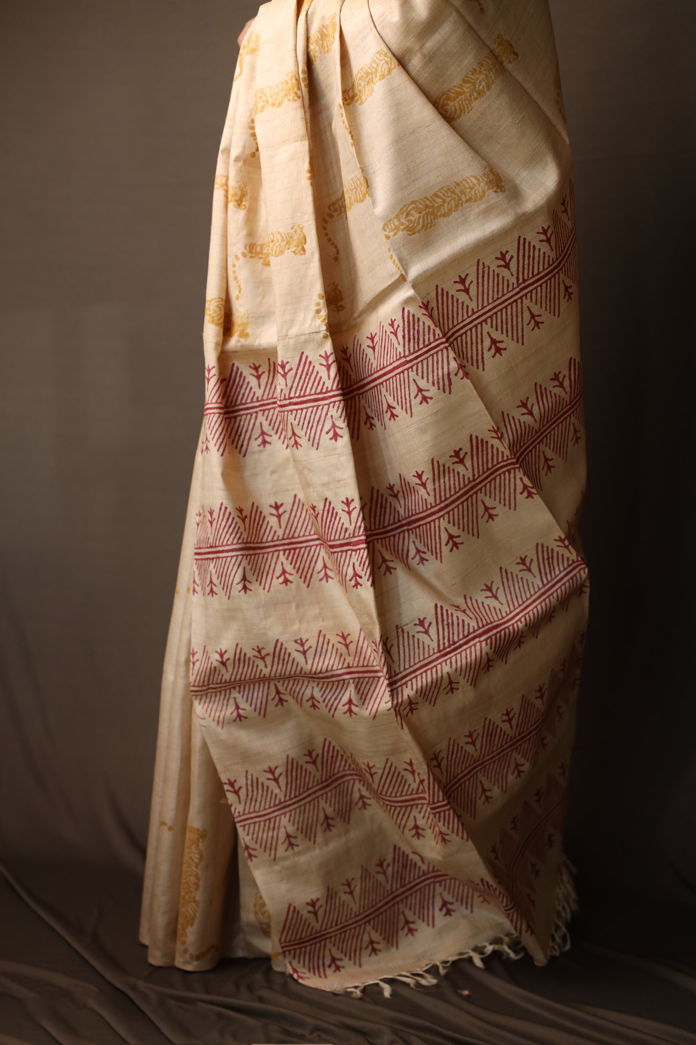 Tiger At The Door Handblock Printed Handwoven Tussar Silk Saree