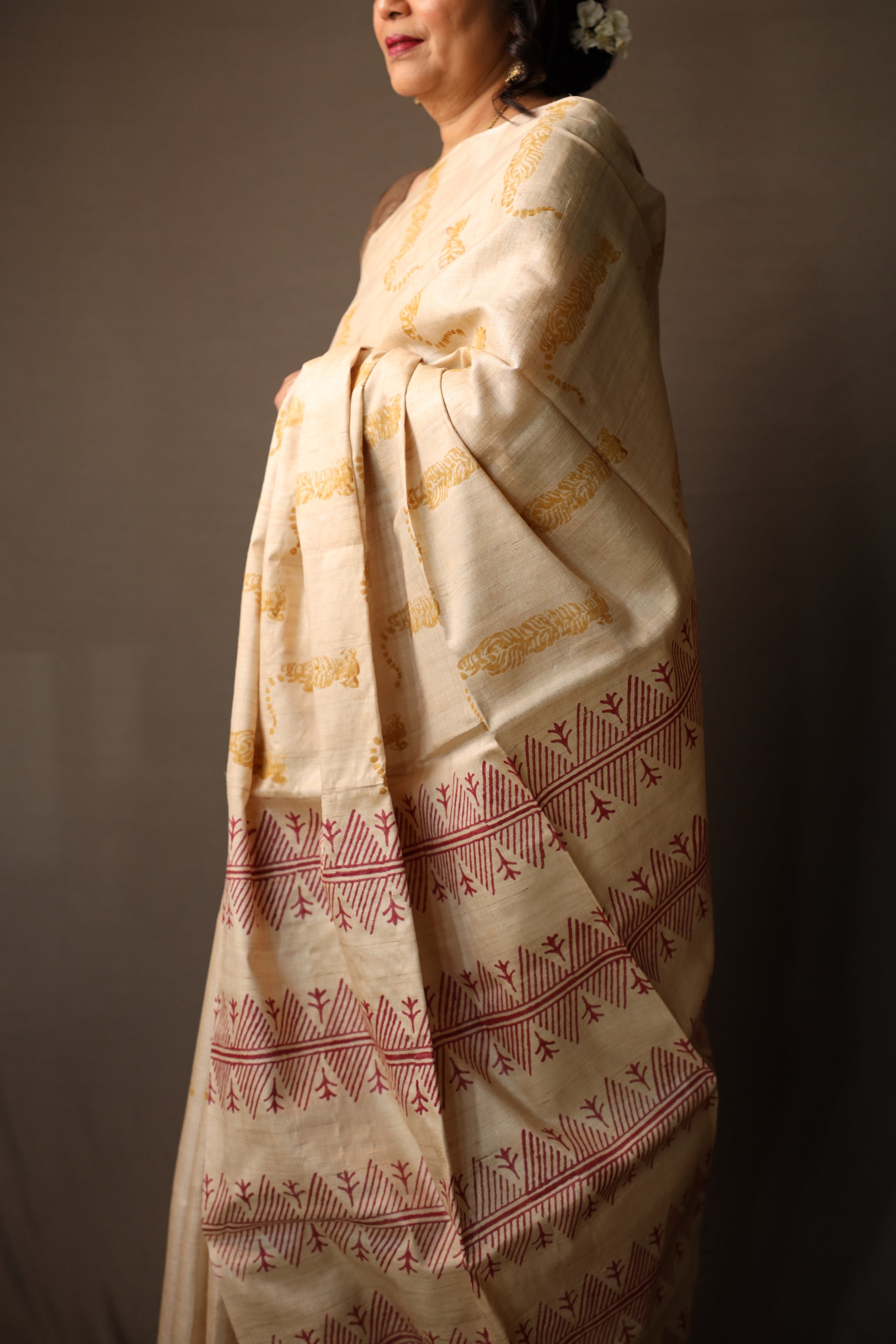 Tiger At The Door Handblock Printed Handwoven Tussar Silk Saree