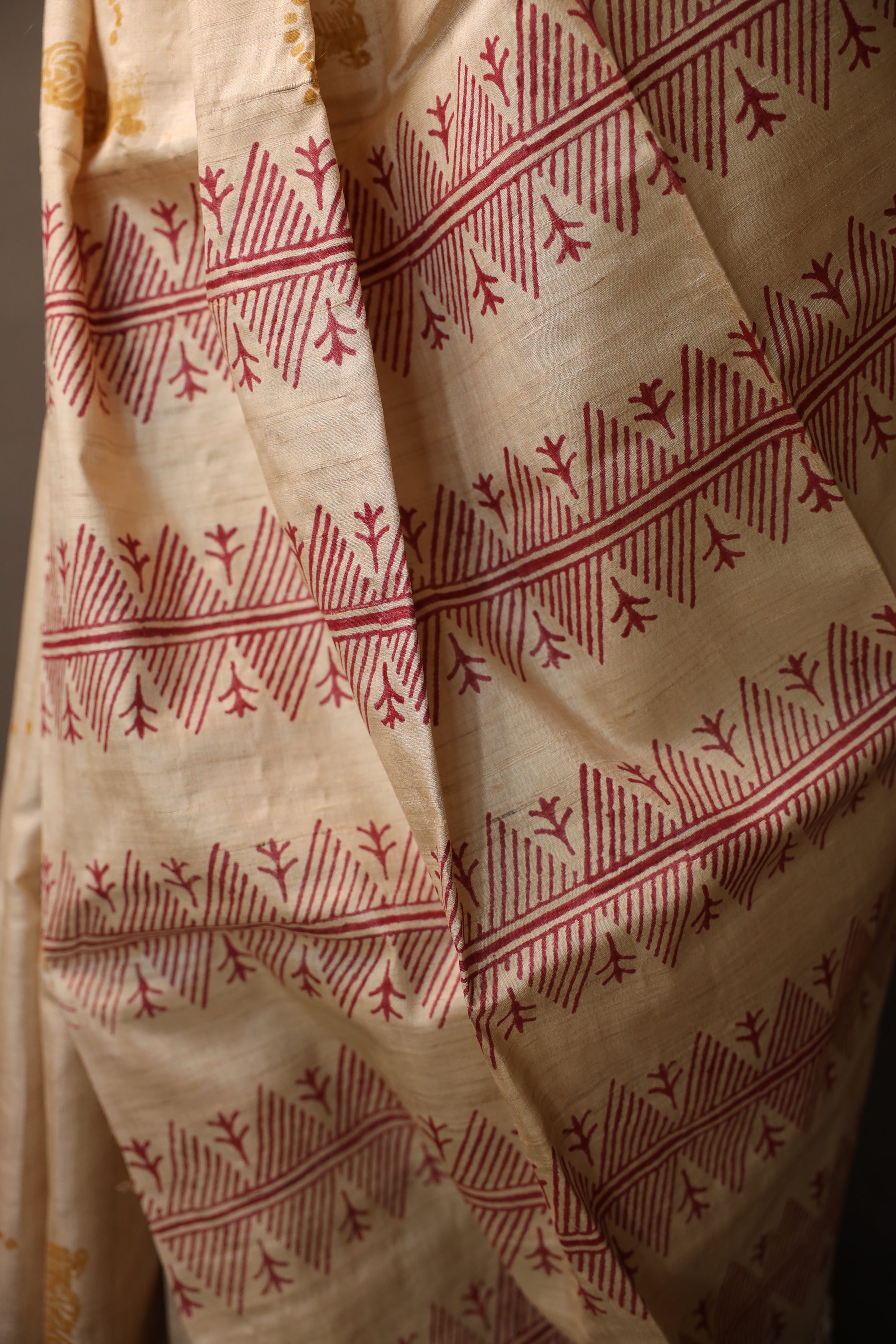 Tiger At The Door Handblock Printed Handwoven Tussar Silk Saree