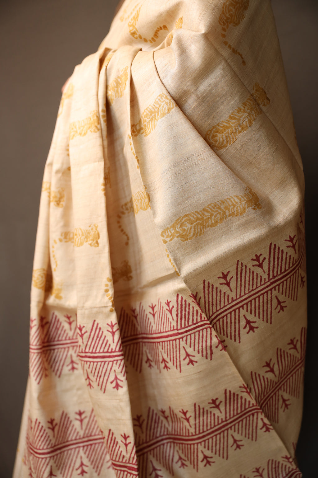 Tiger At The Door Handblock Printed Handwoven Tussar Silk Saree