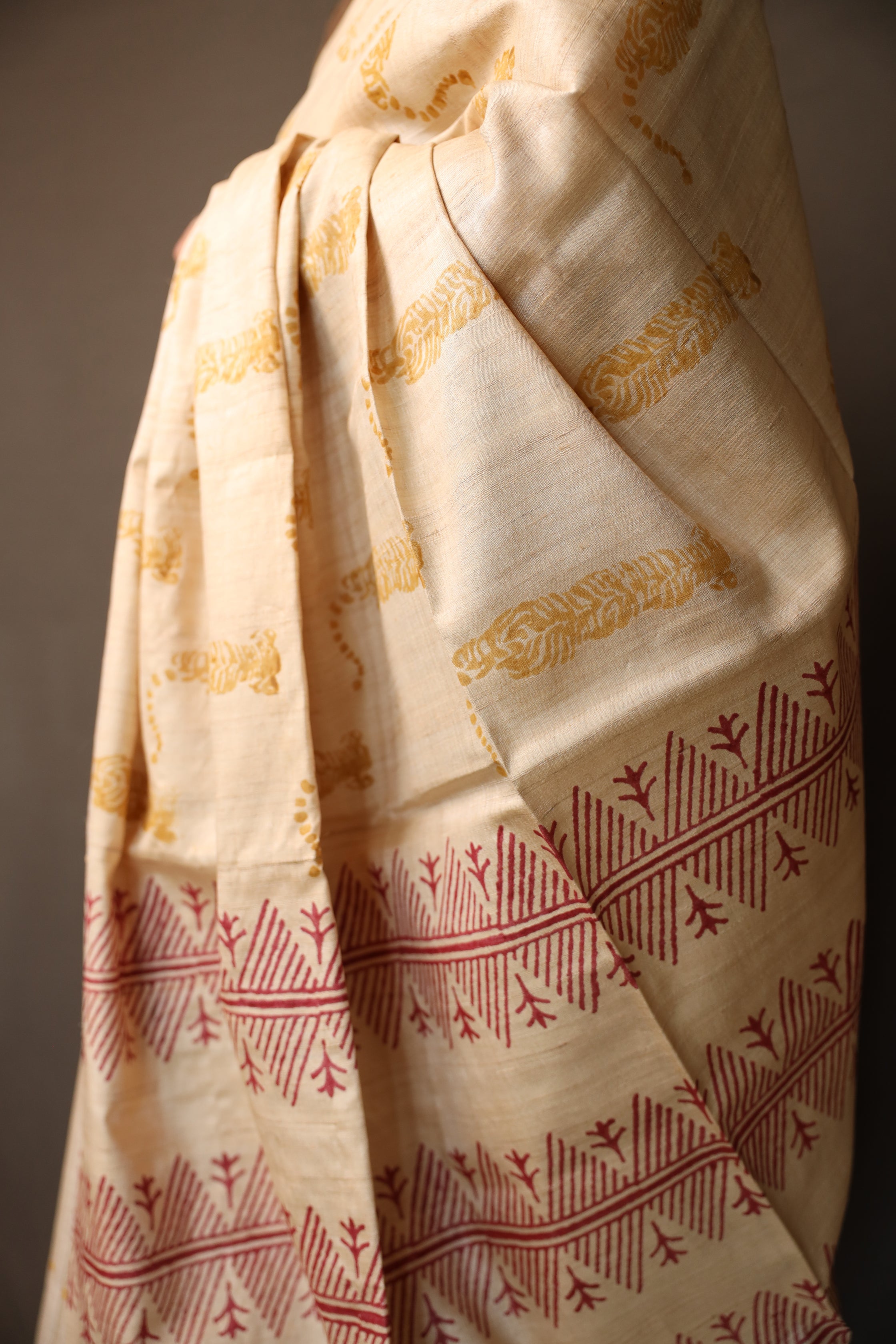 Tiger At The Door Handblock Printed Handwoven Tussar Silk Saree