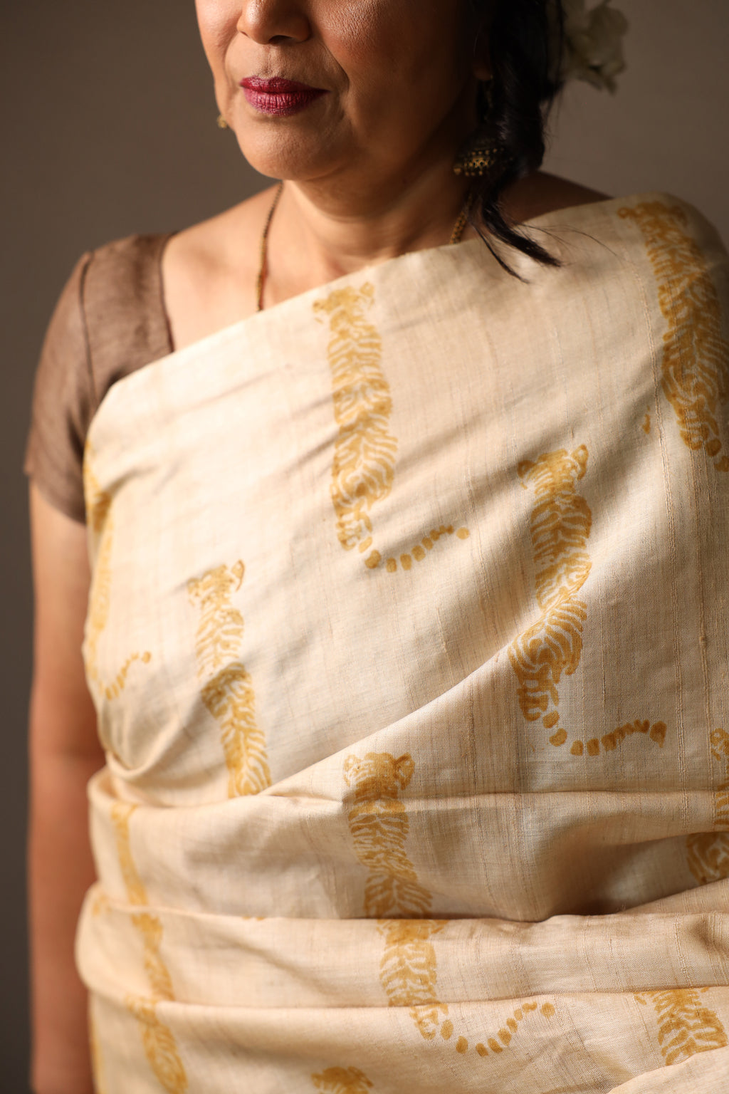 Tiger At The Door Handblock Printed Handwoven Tussar Silk Saree
