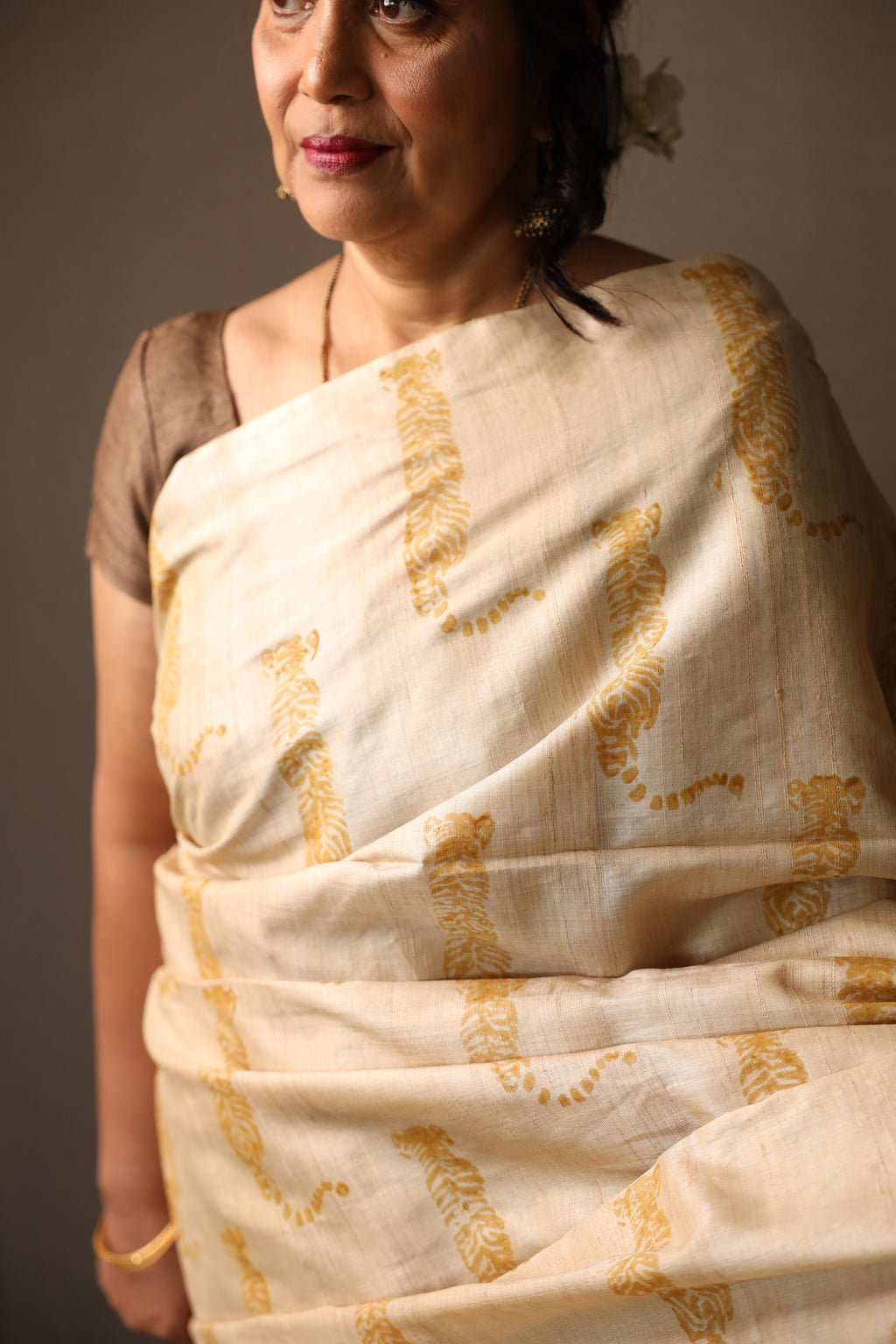 Tiger At The Door Handblock Printed Handwoven Tussar Silk Saree