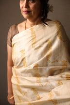 Tiger At The Door Handblock Printed Handwoven Tussar Silk Saree