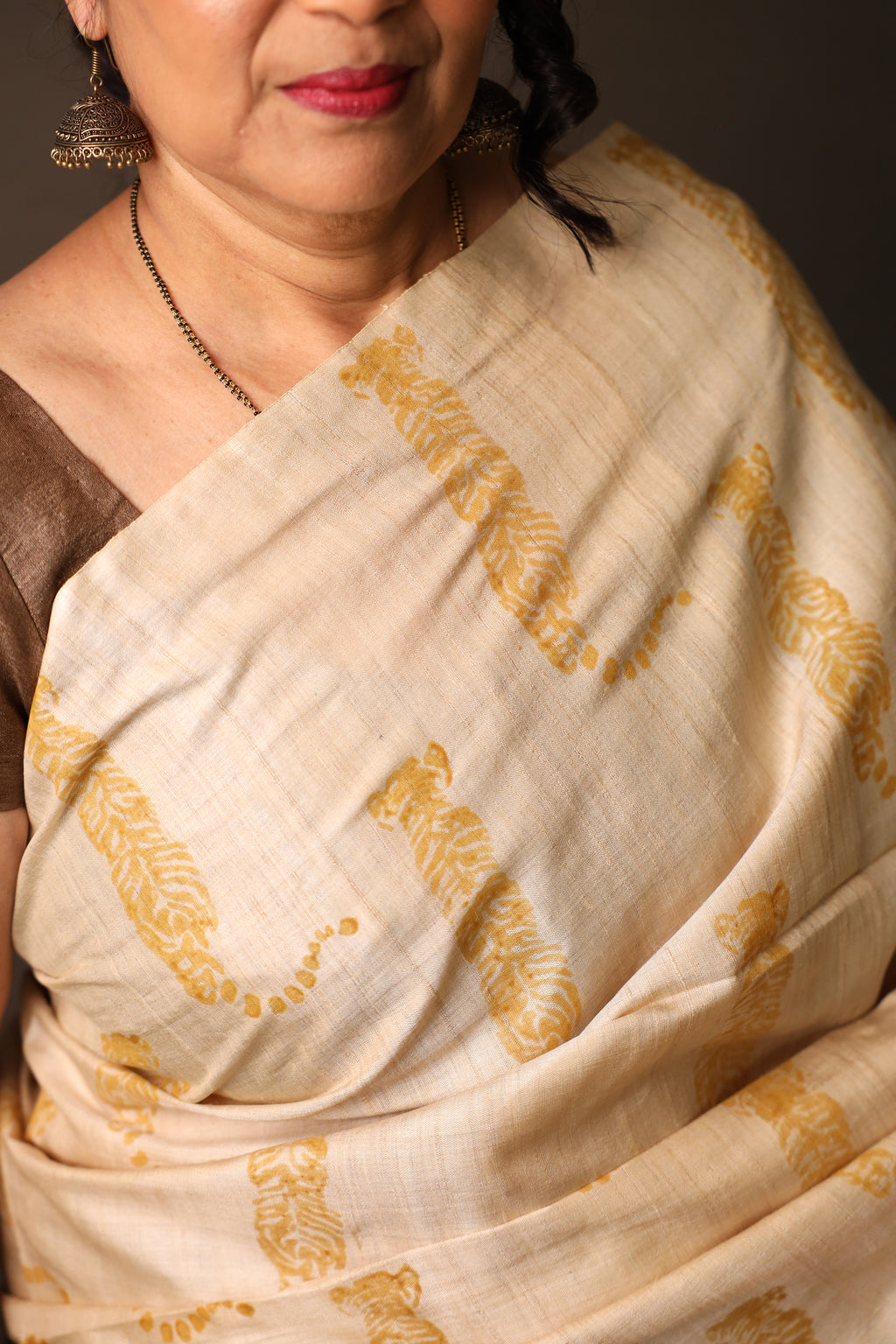 Tiger At The Door Handblock Printed Handwoven Tussar Silk Saree