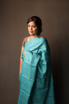 Ice Gola Blue Handblock Printed Handwoven Tussar Silk Saree