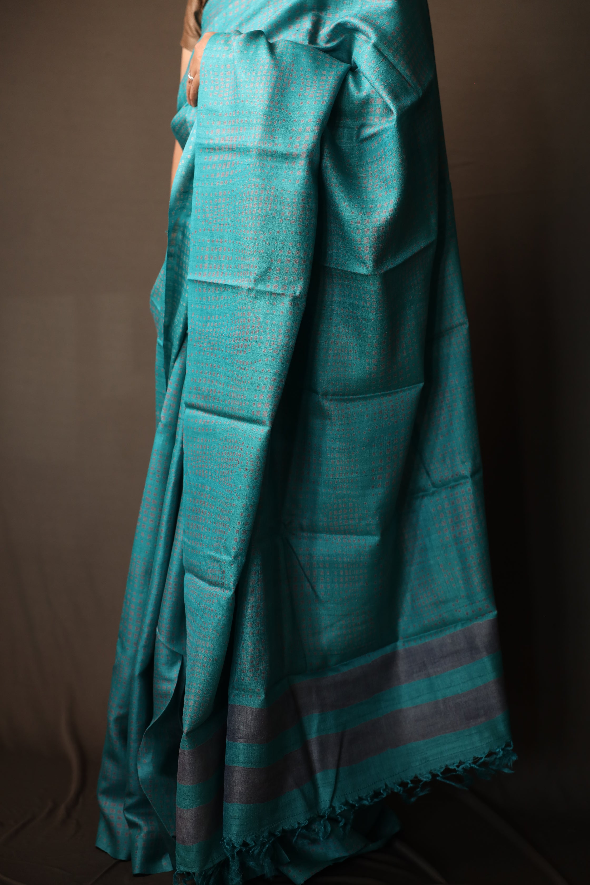 Ice Gola Blue Handblock Printed Handwoven Tussar Silk Saree