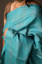 Ice Gola Blue Handblock Printed Handwoven Tussar Silk Saree