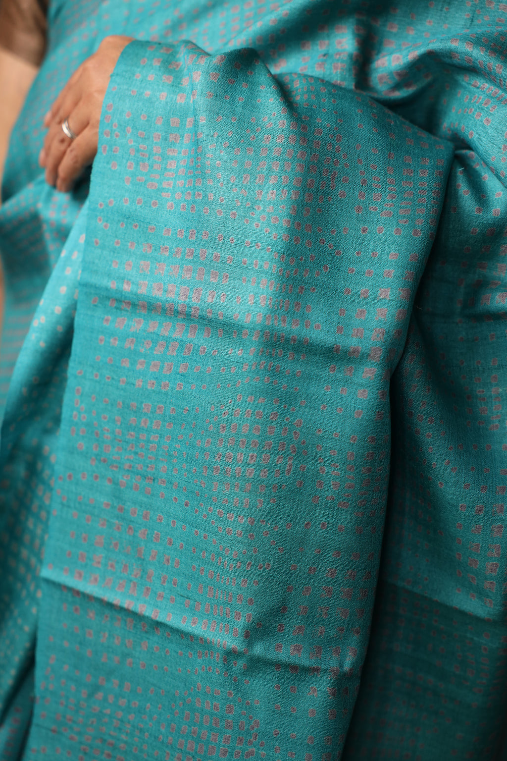 Ice Gola Blue Handblock Printed Handwoven Tussar Silk Saree