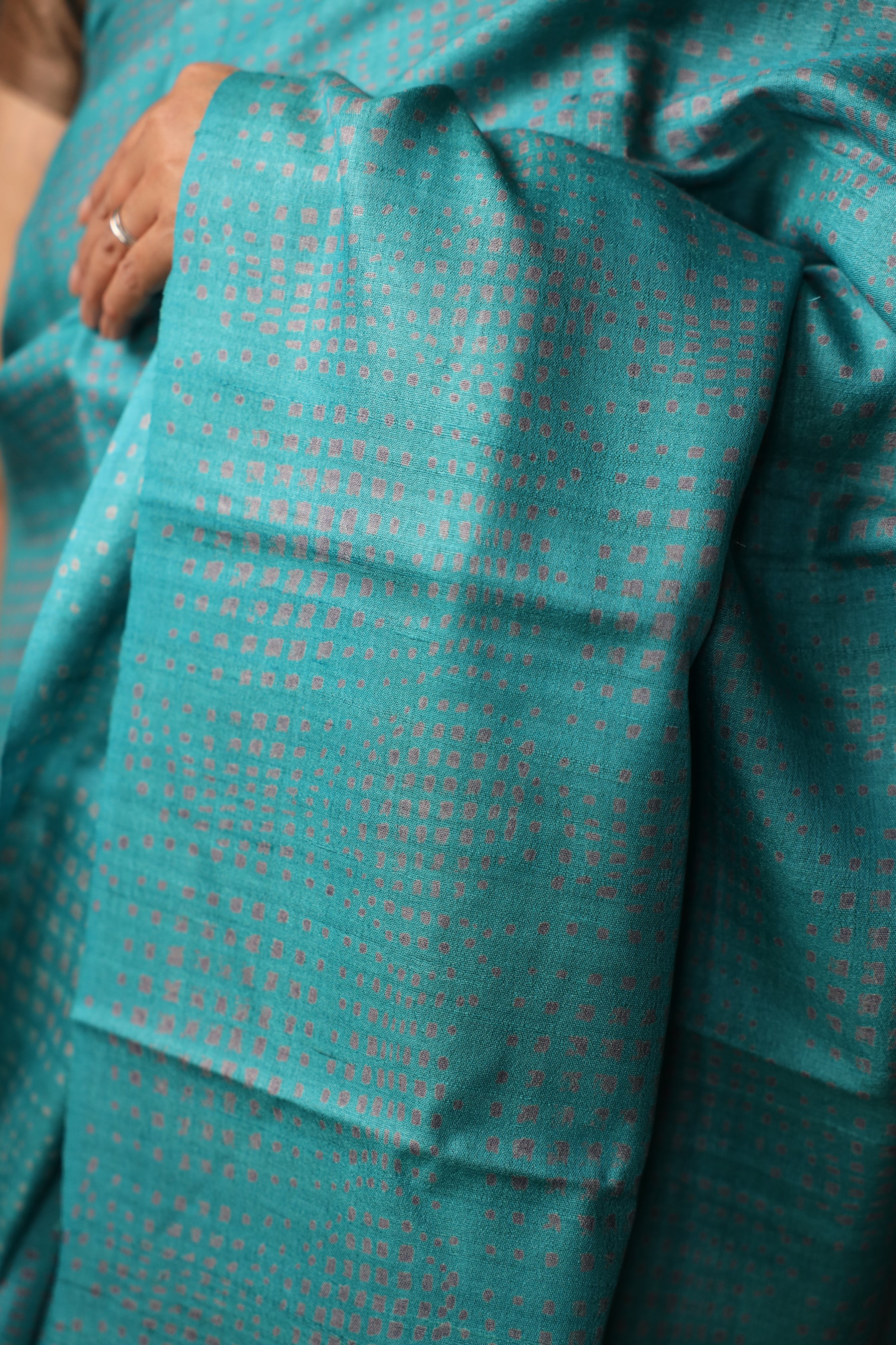 Ice Gola Blue Handblock Printed Handwoven Tussar Silk Saree