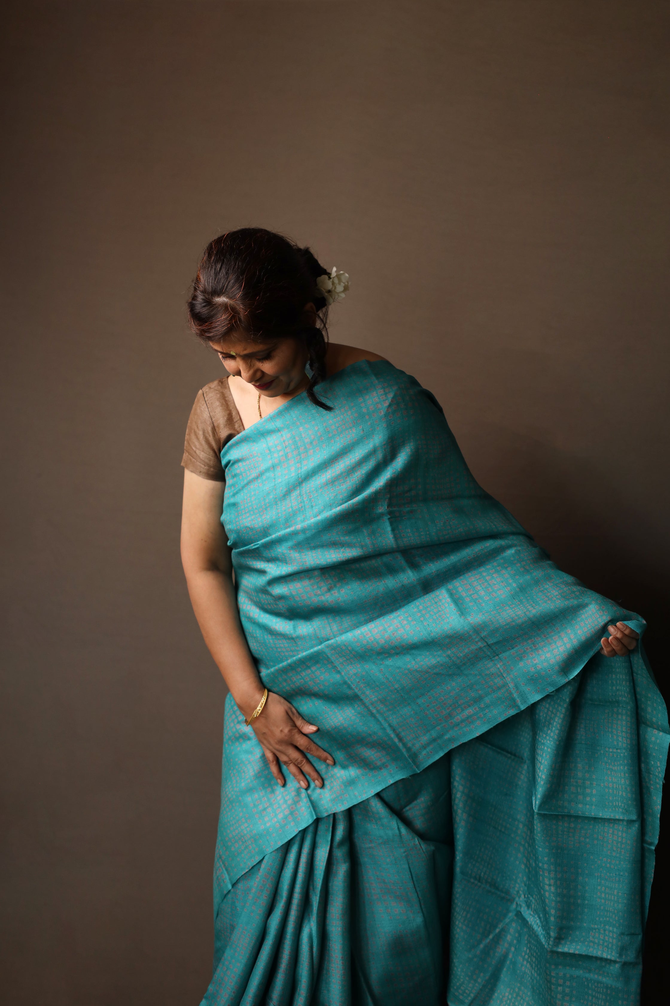 Ice Gola Blue Handblock Printed Handwoven Tussar Silk Saree