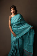 Ice Gola Blue Handblock Printed Handwoven Tussar Silk Saree