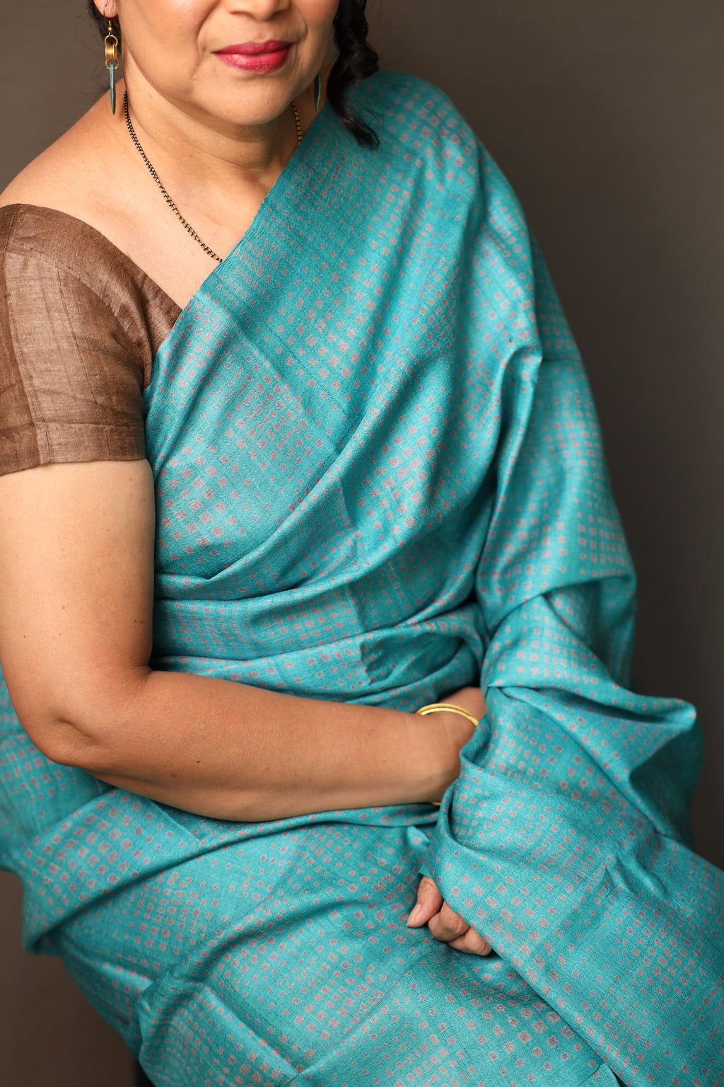 Ice Gola Blue Handblock Printed Handwoven Tussar Silk Saree