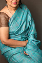 Ice Gola Blue Handblock Printed Handwoven Tussar Silk Saree