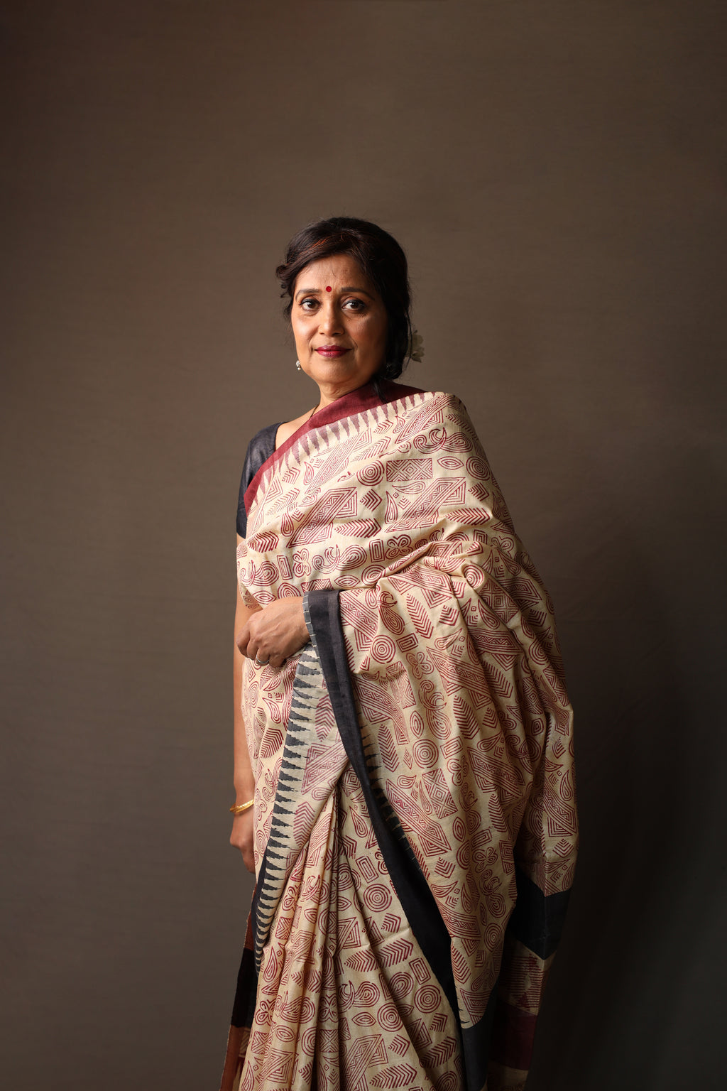 Zentangle Maroon Handblock Printed Handwoven Tussar Silk Saree