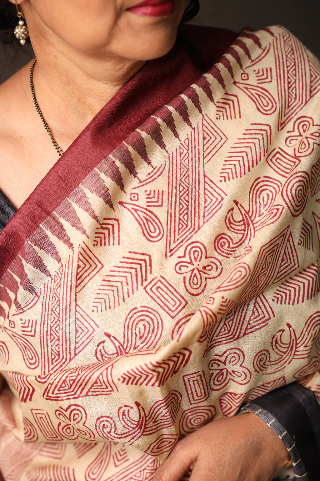 Zentangle Maroon Handblock Printed Handwoven Tussar Silk Saree