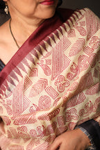 Zentangle Maroon Handblock Printed Handwoven Tussar Silk Saree