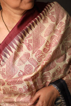 Zentangle Maroon Handblock Printed Handwoven Tussar Silk Saree