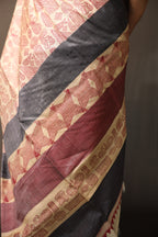 Zentangle Maroon Handblock Printed Handwoven Tussar Silk Saree