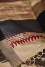 Zentangle Maroon Handblock Printed Handwoven Tussar Silk Saree