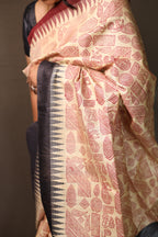 Zentangle Maroon Handblock Printed Handwoven Tussar Silk Saree