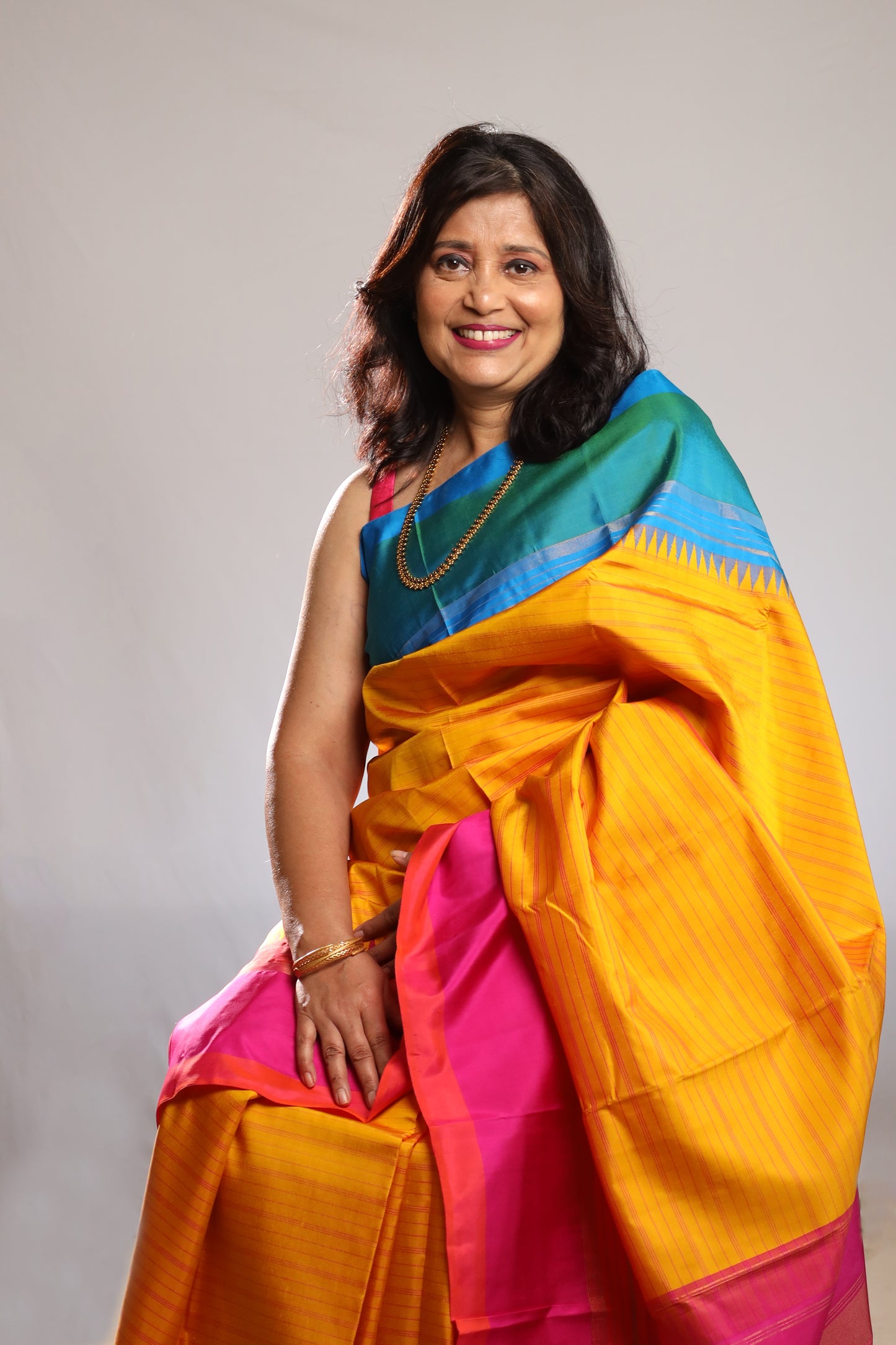 Marigold Turquoise & Fuchsia Kanjivaram Silk