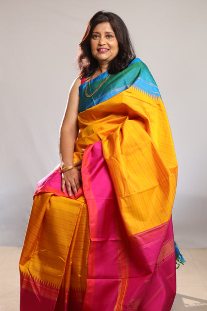 Marigold Turquoise & Fuchsia Kanjivaram Silk