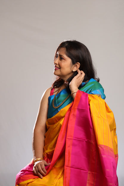 Marigold Turquoise & Fuchsia Kanjivaram Silk