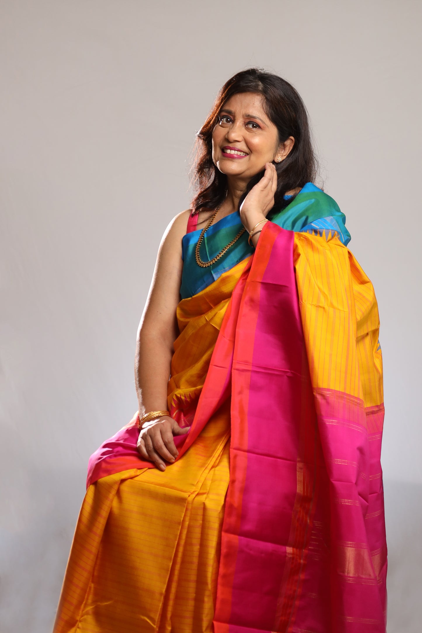 Marigold Turquoise & Fuchsia Kanjivaram Silk