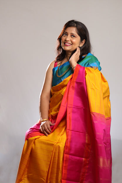 Marigold Turquoise & Fuchsia Kanjivaram Silk