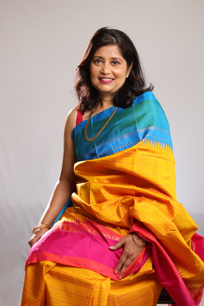 Marigold Turquoise & Fuchsia Kanjivaram Silk