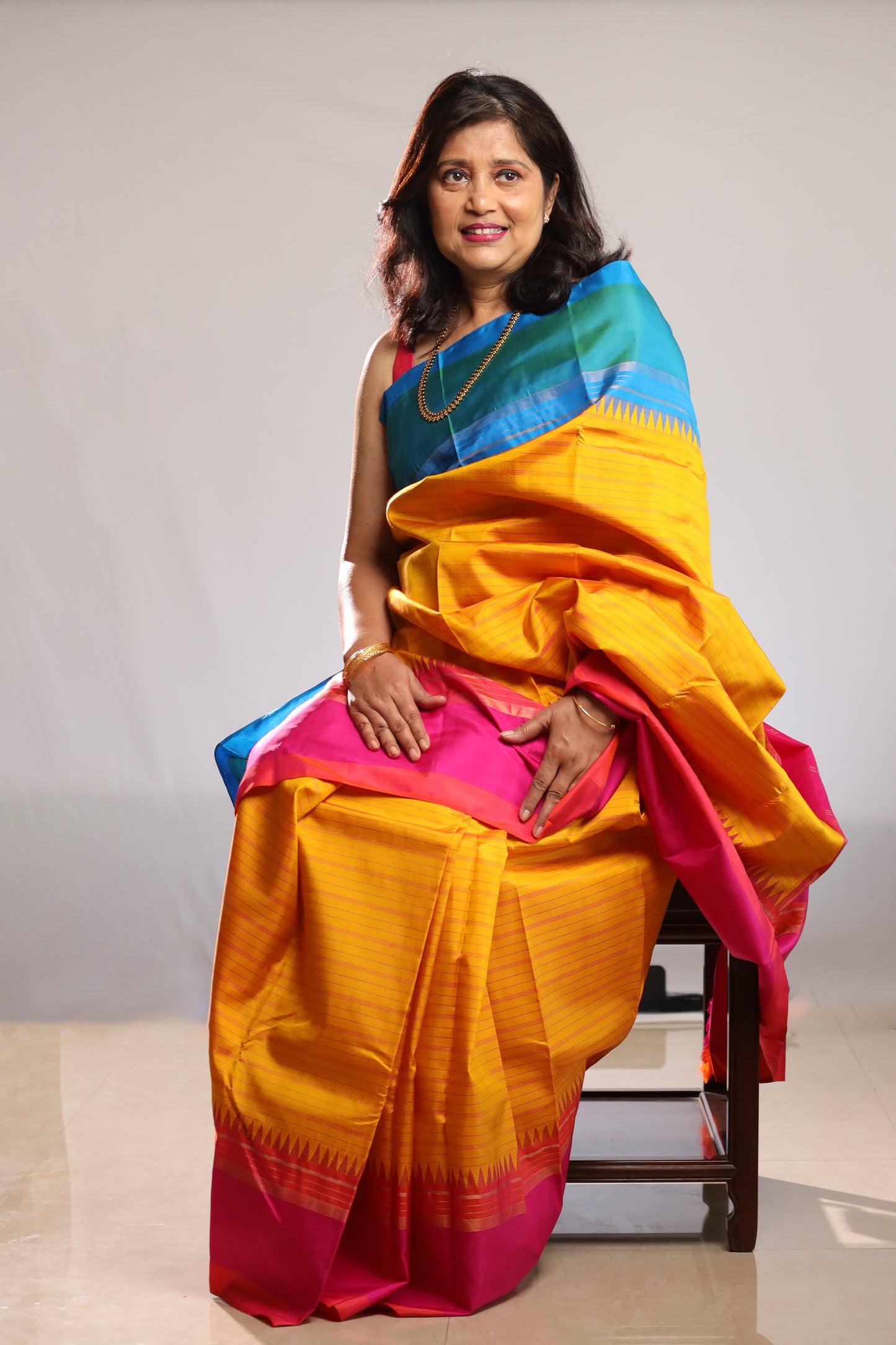 Marigold Turquoise & Fuchsia Kanjivaram Silk