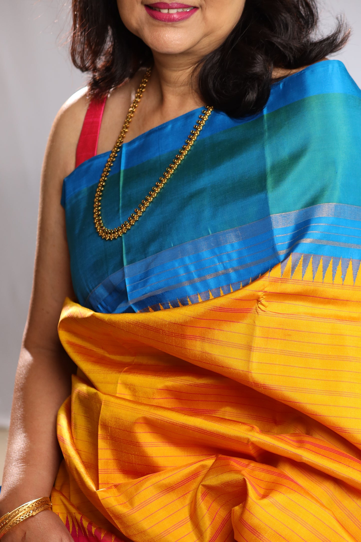 Marigold Turquoise & Fuchsia Kanjivaram Silk