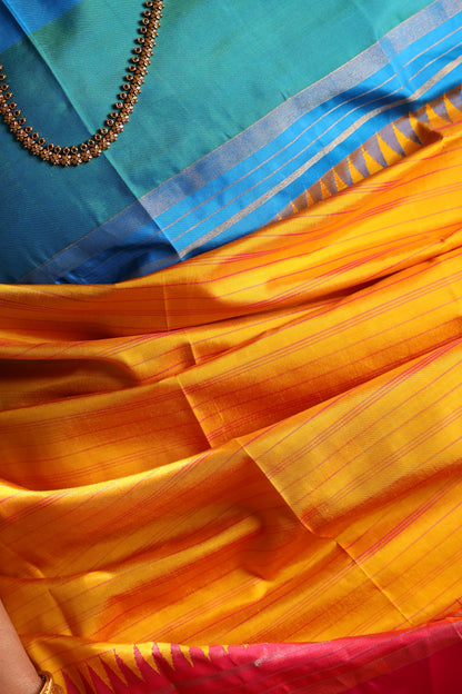 Marigold Turquoise & Fuchsia Kanjivaram Silk