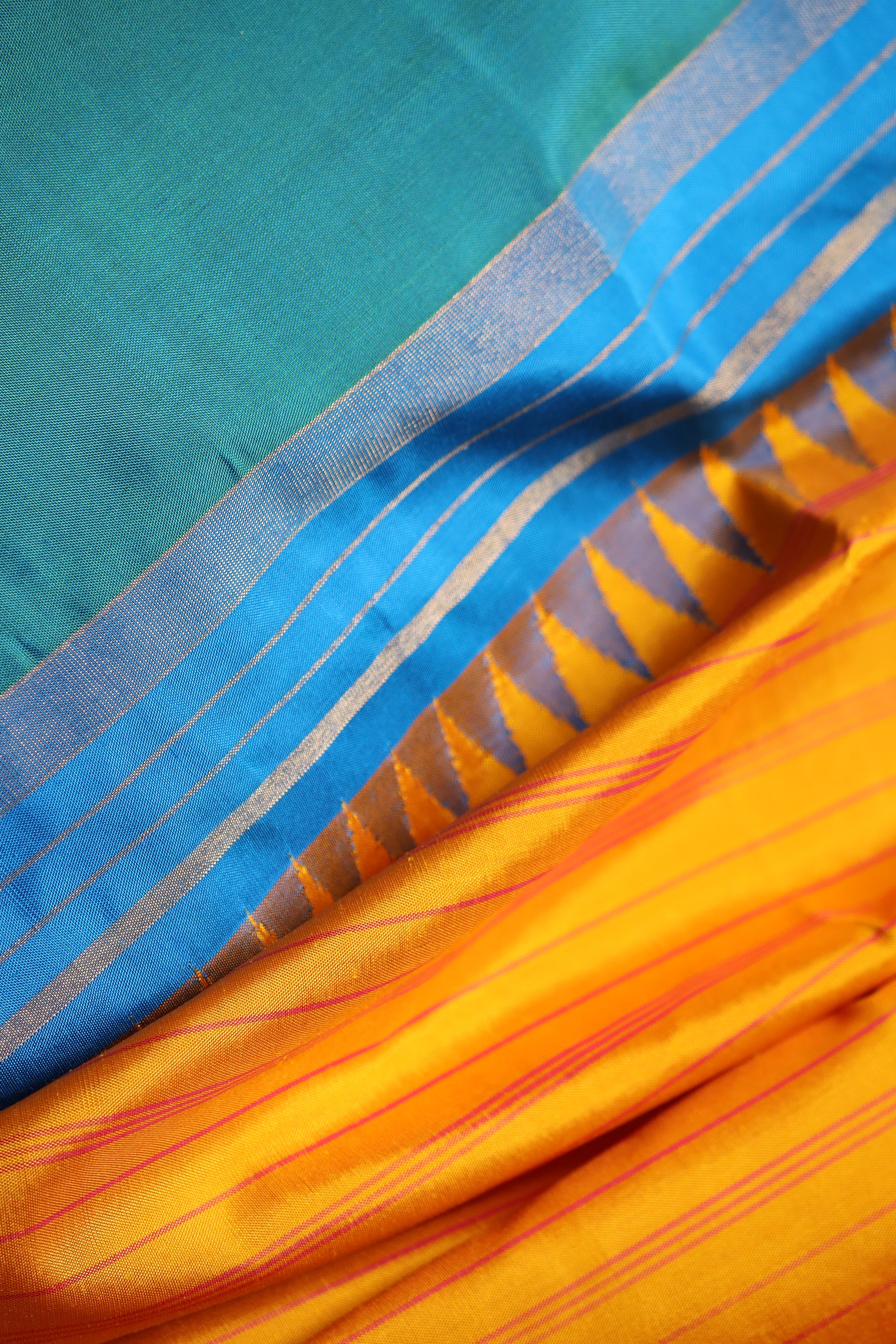 Marigold Turquoise & Fuchsia Kanjivaram Silk