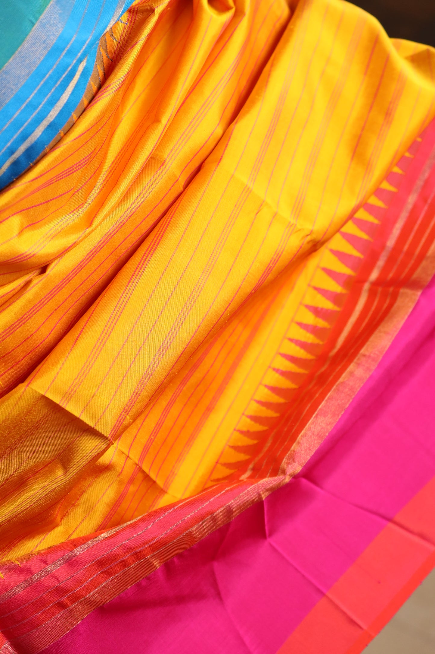 Marigold Turquoise & Fuchsia Kanjivaram Silk